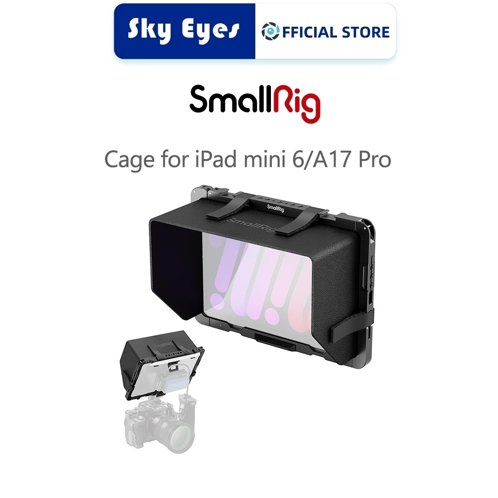 กรง SMALLRIG สําหรับ iPad mini 6 / A17 Pro, อะแดปเตอร์เมาท์ขาตั้งกล้องโลหะสําหรับ iPad พร้อม 1/4 “-20, 3/8”-16 หลุม, ที่ยึดรองเท้าเย็น, จอภาพหนีบแท็บเล็ต 8.3 พร้อม Sun Hood-MD5058