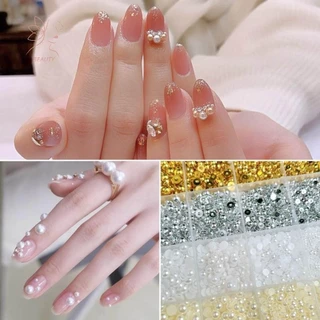 [maybeauty] 12Grids ผสมมุกครึ่งวงกลมทองและเงินเล็บ Charms ตกแต่งเล็บอุปกรณ์ร้านทําเล็บ {TH}