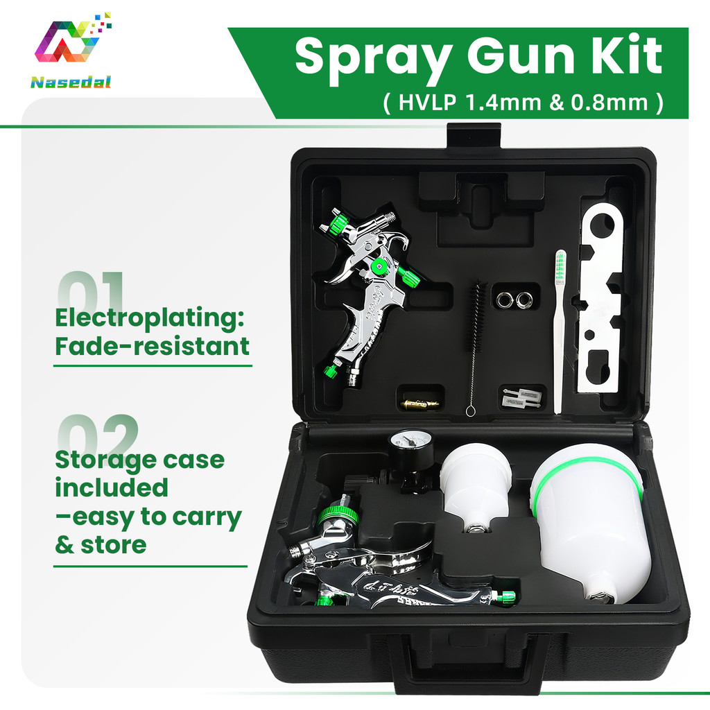Nasedal HVLP Air Gravity Spray Gun ชุด 2-สเปรย์สีปืน 0.8 มม.125ml 1.4 มม.600ml เครื่องพ่นสีอัตโนมัติพร้อมตัวควบคุมอากาศสําหรับรถสี Primer Topcoat Touch-Up เฟอร์นิเจอร์ House Paint
