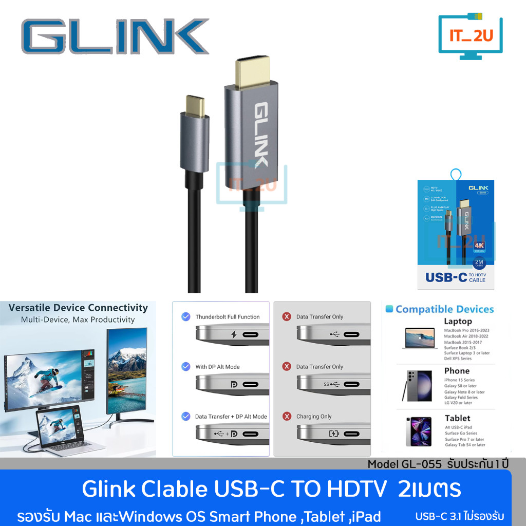 Glink GL055 Cable TYPE-C TO HDMI/HDTV UHD 4K 60Hz 2M สายแปลงต่อสมาร์ทโฟนออกจอทีวี
