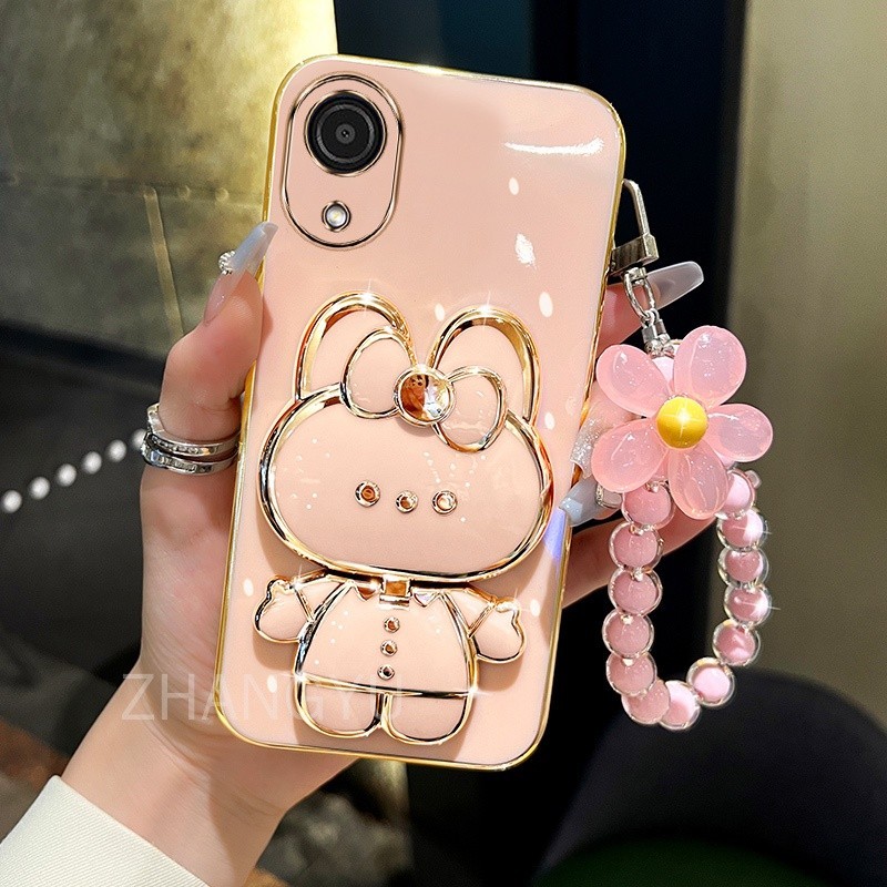 ปลอก OPPO A17K เคสโทรศัพท์ TPU 3D กระต่ายขาตั้งสเตอริโอ Ultra Thin Electroplated Soft Case เคสป้องกันการกระแทกพร้อมสร้อยข้อมือ - รูปที่ 2