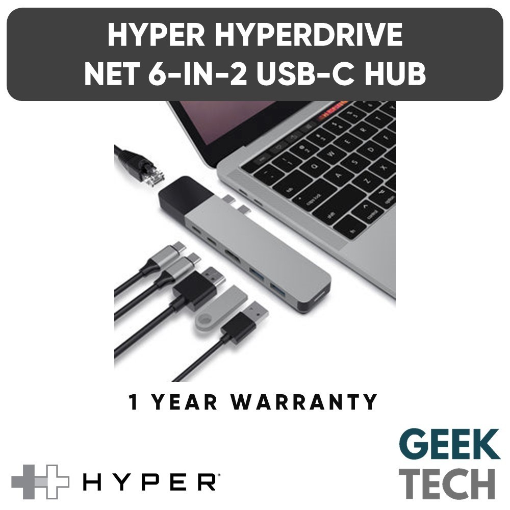 HYPER HyperDrive NET 6-in-2 USB-C Hub - Gigabit Ethernet, HDMI 4K 30Hz, USB-C 40Gbps 100W PD, 2x USB