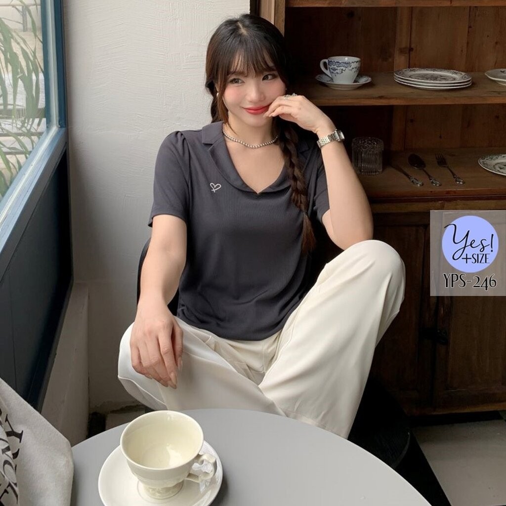 เสื้อยืดแขนสั้นสาวอวบ อก 38-50 นิ้ว เสื้อคอวีปกเล็ก เข้ารูป ปักหัวใจ สีดำ/เทาเข้ม/เขียว/ครีม YPS-246 - รูปที่ 6