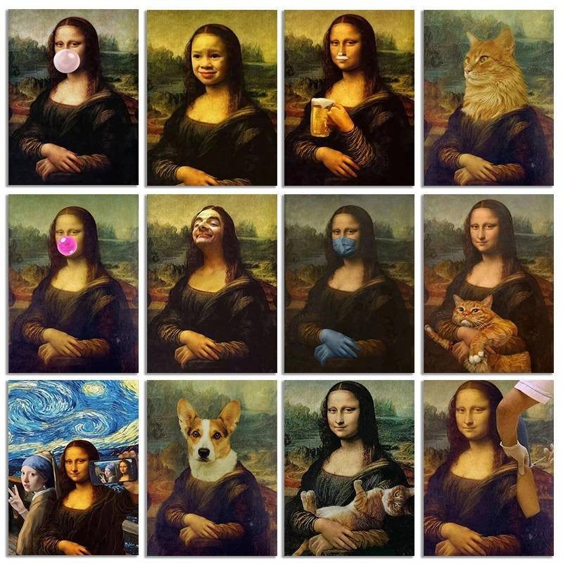 ตลก Mona Lisa แมวโปสเตอร์ภาพวาดผ้าใบ Wall Art สําหรับบาร์โรงแรมห้องนั่งเล่นตกแต่งบ้าน