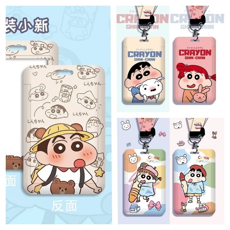 สไตล์ใหม่เครยอนชินจังหัวรูปร่างสไลด์ผู้ถือบัตรพร้อมเชือกเส้นเล็กพวงกุญแจโปร่งใสเหนี่ยวนําสองการ์ด รหัส ผู้ถือ