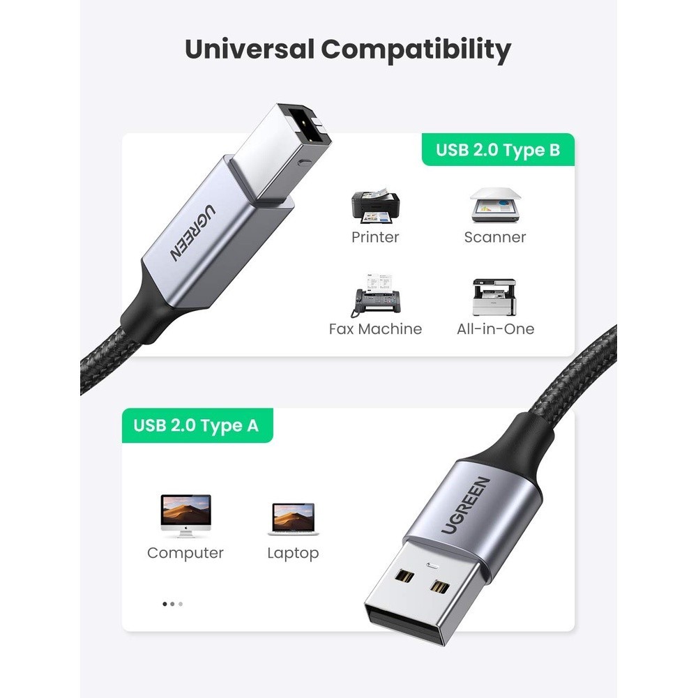 แบตเต็มเร็ว UGREEN รุ่น US369 USB A to USB B สายต่อปริ้นเตอร์ USB2.0 สายถัก สายยาว 1-5 เมตร