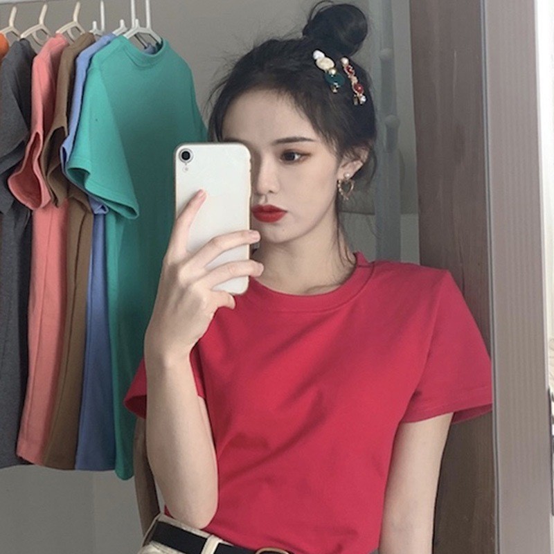 เสื้อสีพื้น เสื้อแขนสั้น เสื้อผ้าแฟชั่นผู้หญิง สไตล์เกาหลี สีลูกกวาดแมทช์ลุคง่าย ชุดผู้หญิงแบบใหม่ฤดูร้อน เสื้อแขนสั้นสี