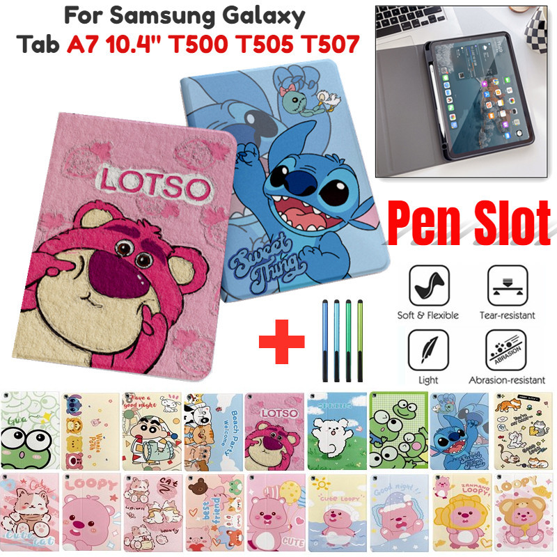 สําหรับ Samsung Galaxy Tab A7 10.4 2020 2024 SM-T500 T505 T507 T509 พร้อมช่องเสียบปากกา Ultra Slim เด็กน่ารักการ์ตูนหนังฝาครอบกันกระแทกกรณีพลิก