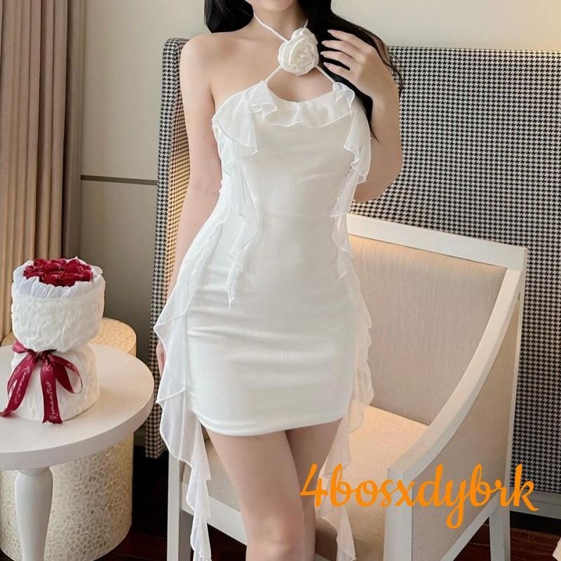 ผู้หญิง CROSS Halter 3D ดอกไม้ Ruffledพู่Backless Slim Mini Dress