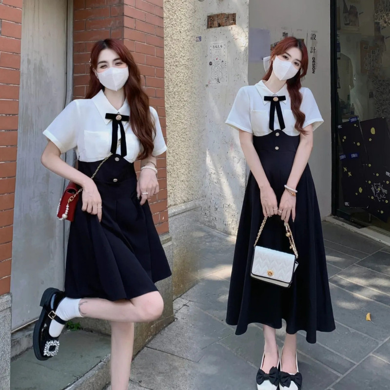 ฝรั่งเศสอ่อนโยนสไตล์วิทยาลัยแฟชั่นเย็บปะติดปะต่อกันฤดูร้อนแขนสั้นชุดสตรี ก-เส้น กระโปรงยาวปานกลาง