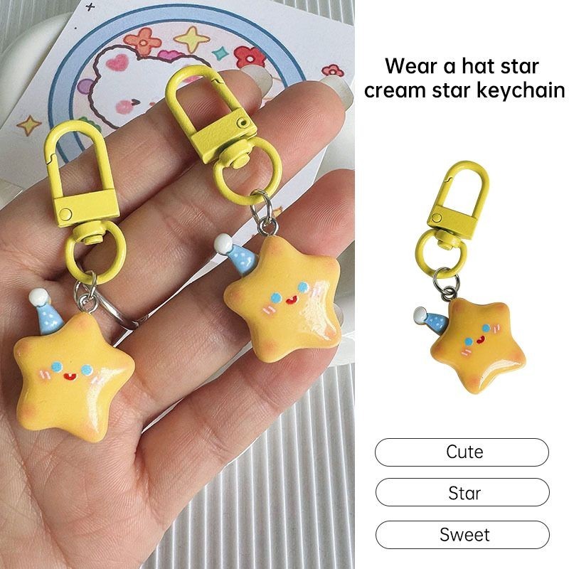 aidderse.th หมวกน่ารัก Star Key Chain นมสีเหลือง Star Key Chain สาว Ins Pentagram จี้ Best Friend Gift-
