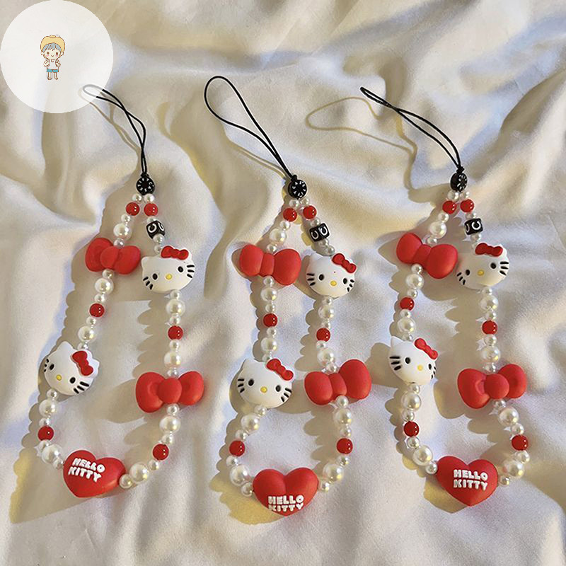 Ars Kawaii Sanrio Mobile จี้ Hello Kitty Anti-lost Lanyard Key สั้นข้อมือเชือกสีแดงเครื่องประดับพวงกุญแจอะนิเมะผู้หญิงมือถือ Chain TH