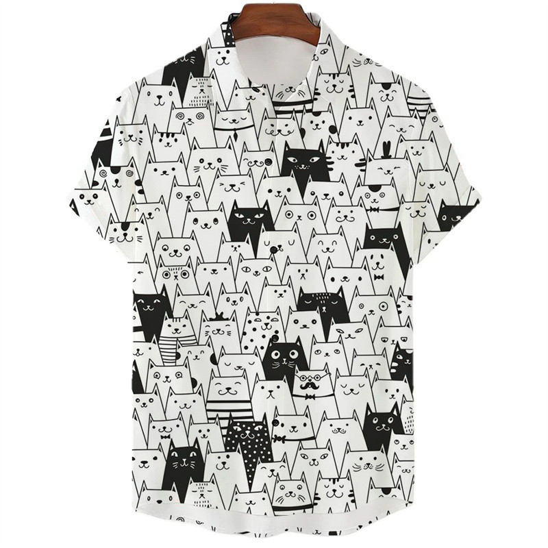 สีดําสีขาวการ์ตูนพิมพ์ 3ง ลายแมว เสื้อฮาวายขนาดใหญ่ แขนสั้น ปกเสื้อ สําหรับผู้ชาย ใส่สบาย ฤดูร้อน