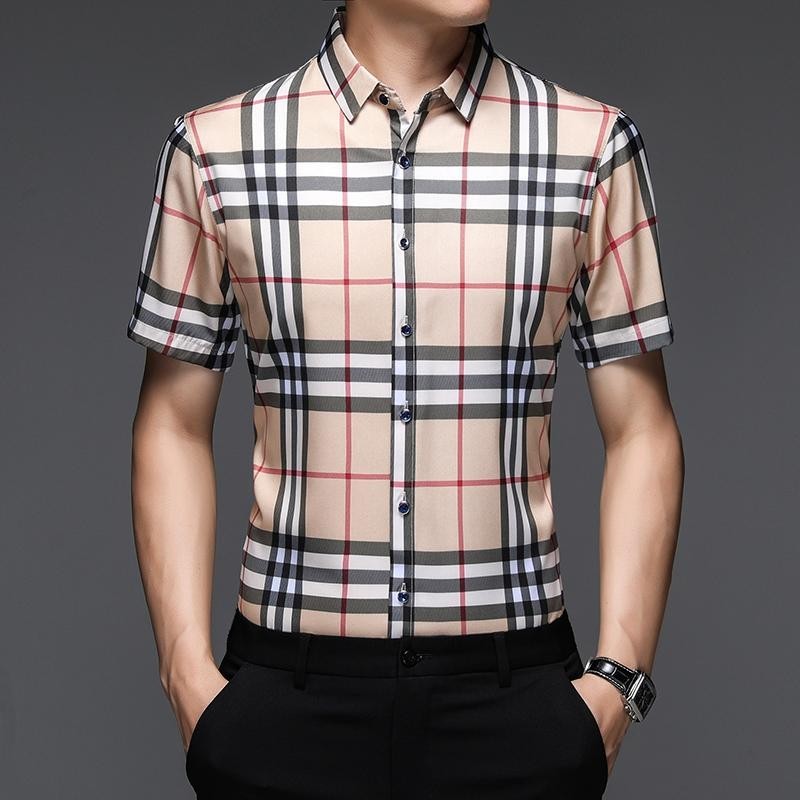 เสื้อเชิ้ตตรวจสอบผู้ชายฤดูร้อนมีสไตล์ ผู้ชาย เสื้อเชิ้ตธุรกิจแขนสั้น