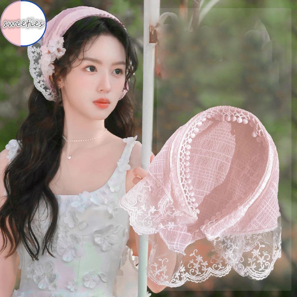 หญิงภาษาฝรั่งเศสคํา elegant ลูกไม้สามเหลี่ยมผ้าพันคอ Travel ผู้หญิงอารมณ์ Headscarf Photo Props แถบคาดศีรษะ