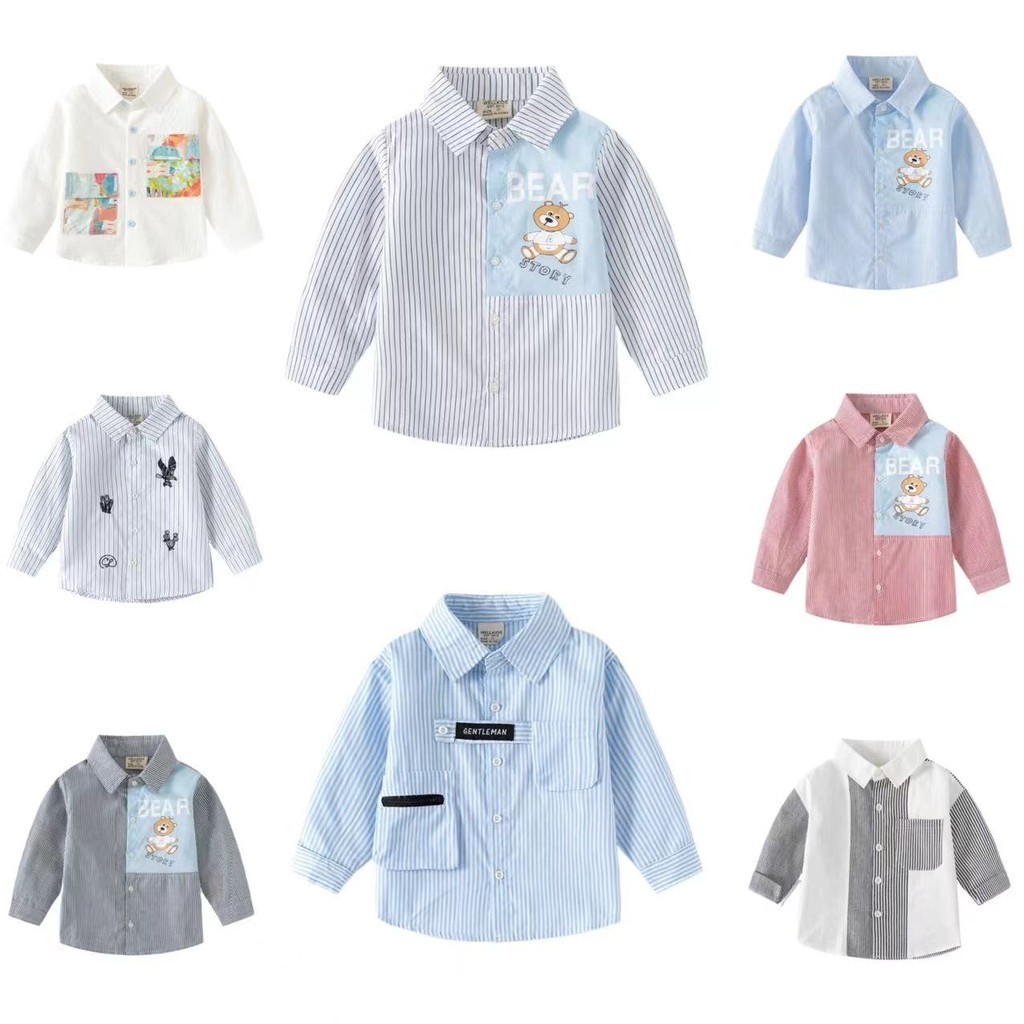 หมีน่ารักฤดูใบไม้ผลิชายลายเย็บปะติดปะต่อกันเสื้อเชิ้ตแขนยาวลําลองลายปกกลางเด็กเล็กผ้าฝ้ายเสื้อชาย-72