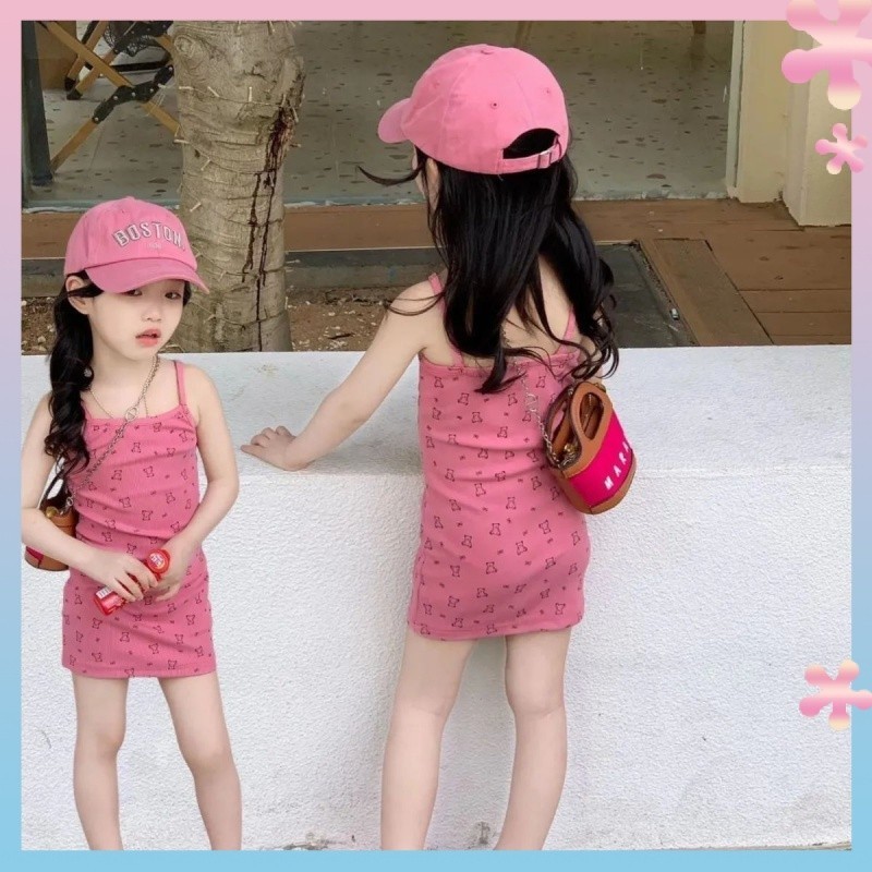 Minnie Haru Girl Fashion2024Summer Casual New Bear Love Midi Dress Cute Dress