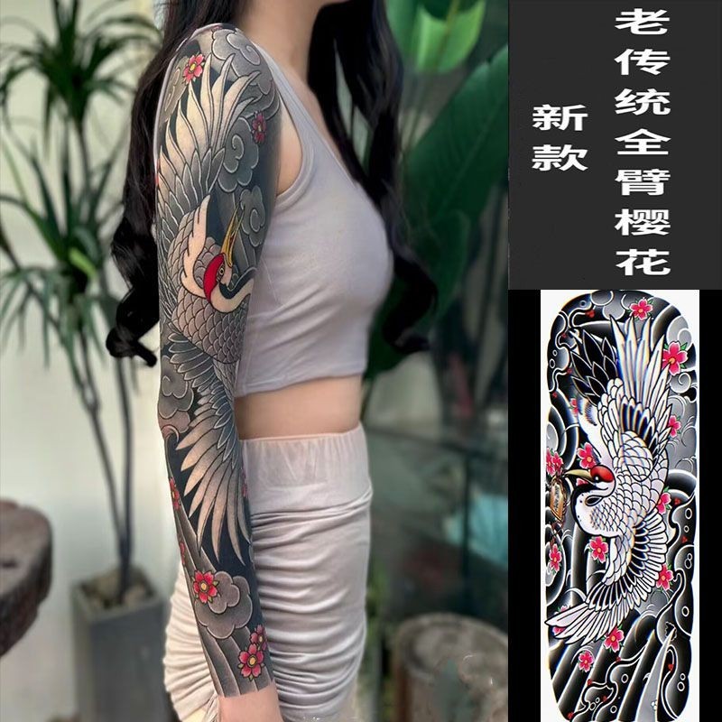 สี Old Traditional Cherry Blossom แขนเต็มสไตล์ญี่ปุ่นแขนดอกไม้ใหญ่กันน้ํา Long-Lasting Tattoo สติกเกอร์ผู้ชายผู้หญิงสไตล์ Full-Legged Wave แผนที่