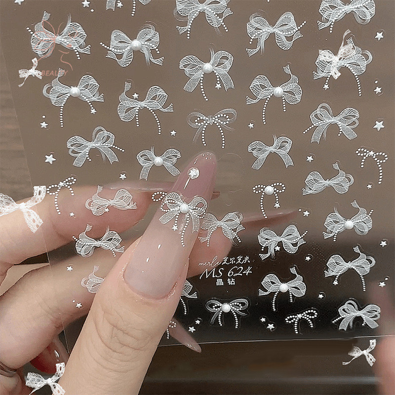 [maybeauty] 5d ลูกไม้สีขาวโบว์สติกเกอร์เล็บเพิร์ล Rhinestones ตกแต่งเล็บกาว Decals Slider DIY อุปกรณ์เสริม {TH}