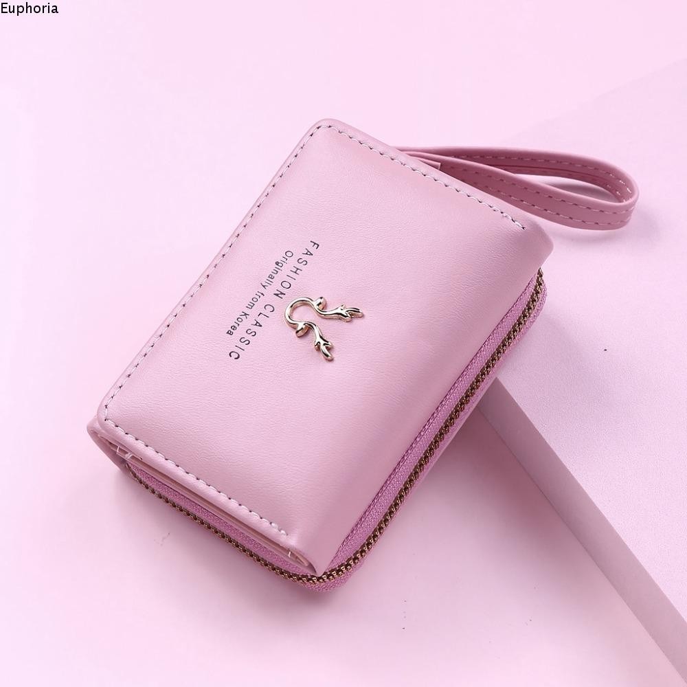 Euphoria กระเป๋าสตางค์ใบสั้น, กระเป๋าใส่เหรียญความจุขนาดใหญ่สีทึบ, แฟชั่นที่ใส่บัตรเขากวางหนังขนาดเล็ก Lady