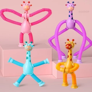 GeeToy ยีราฟที่มีสีสันกล้องส่องทางไกลถ้วยดูดของเล่นหลากหลายรูปร่างยืดหลอดป๊อปของเล่นบีบอัดของเล่นอยู่ไม่สุข