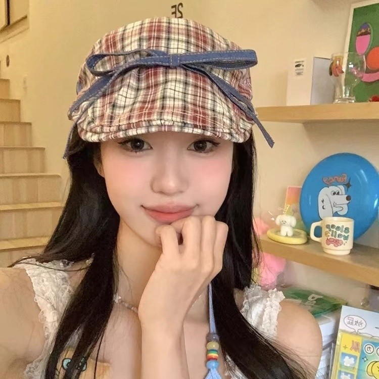 ญี่ปุ่นโบว์เด็กส่งหนังสือพิมพ์หมวกหญิงแฟชั่นลายสก๊อตลาย หมวกเบเรต์