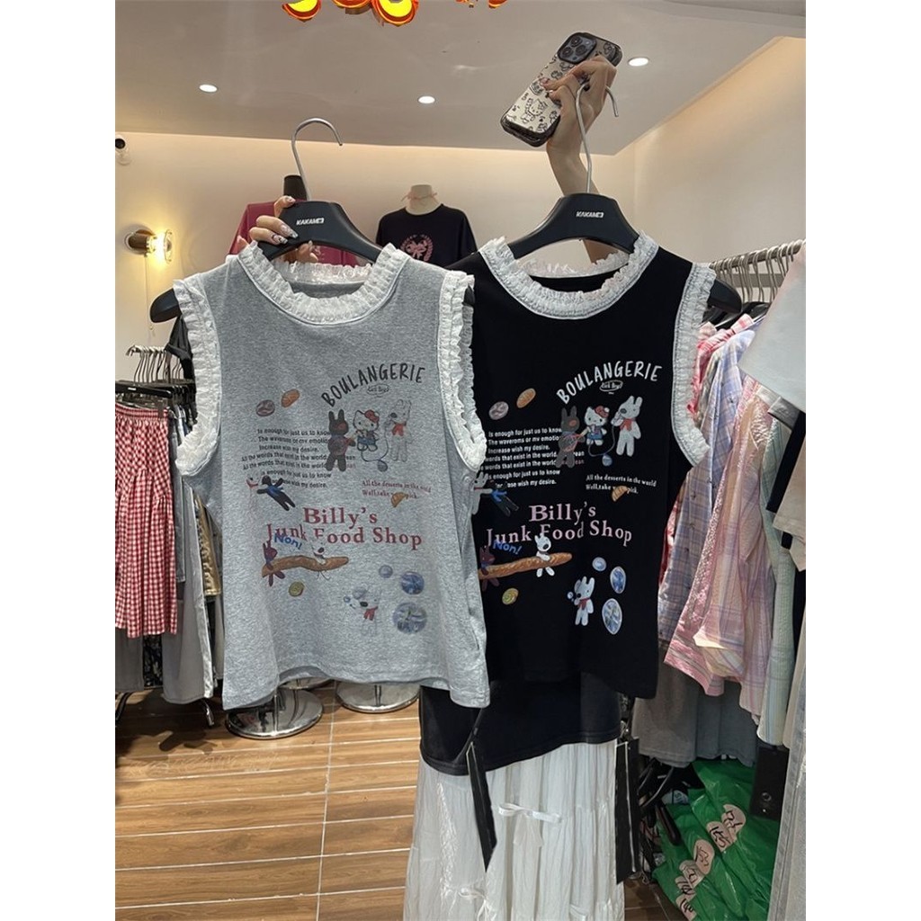ผู้หญิงวินเทจพิมพ์แขนกุด เสื้อยืด ลูกไม้ตกแต่งเสื้อกั๊กหวาน