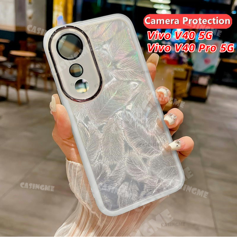 Vivo V40 5G V40Pro 2024 Glitter Feather รูปแบบซิลิโคนนุ่มสําหรับ Vivo V40 5G VivoV40 V 40 Pro V40Pro V40E 5G 2024 กันกระแทกเคสโทรศัพท์กล้องเลนส์ป้องกันปกหลัง