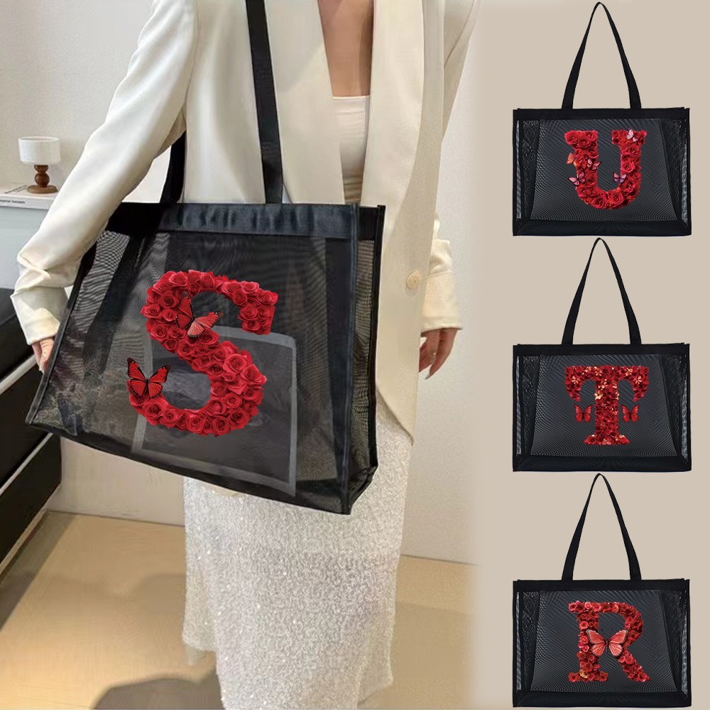 กระเป๋าช้อปปิ้งเมช โปร่งใส กระเป๋าถือ ที่เก็บของ ผู้หญิง กระเป๋าสตางค์ Mesh Shopping Bag Red Rose Pr