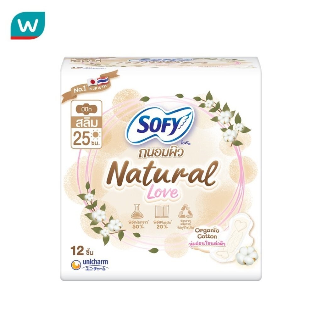 Sofy โซฟี ถนอมผิว เนเชอรัล เลิฟ สลิม มีปีก 25 ซม. 12 ชิ้น