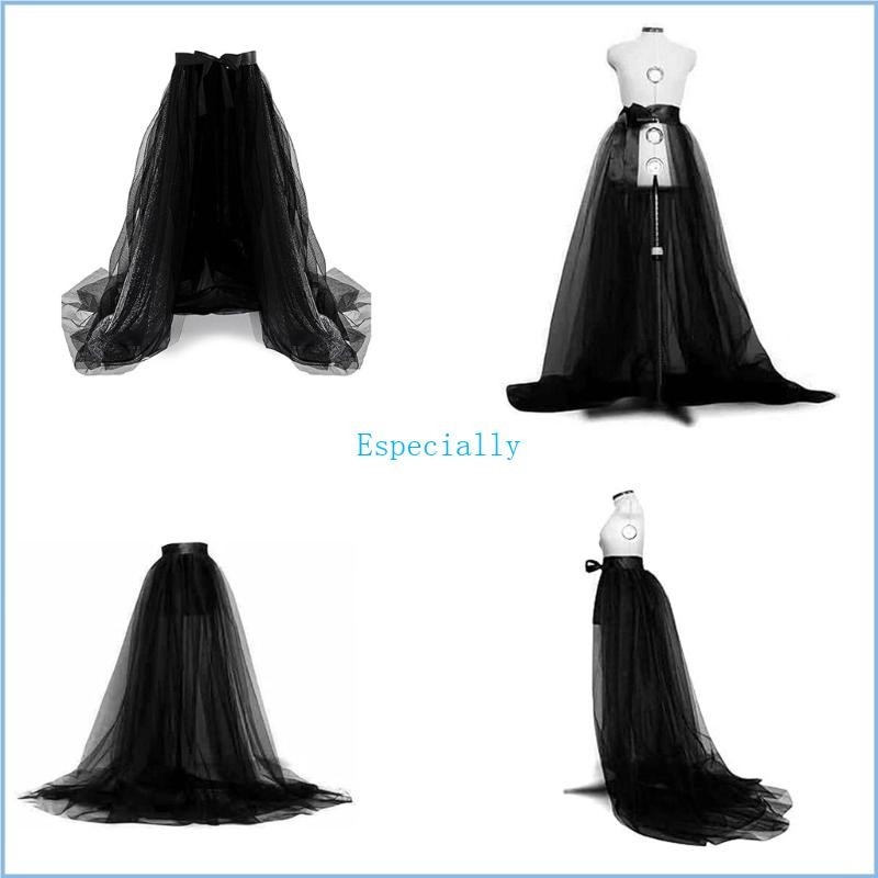 Esp ผู้หญิงงานแต่งงาน Maxi กระโปรง Tulle ที่ถอดออกได้รถไฟ Overkirt Overlay ยาวชุดเจ้าสาวกระโปรงตาข่ายสีดํา