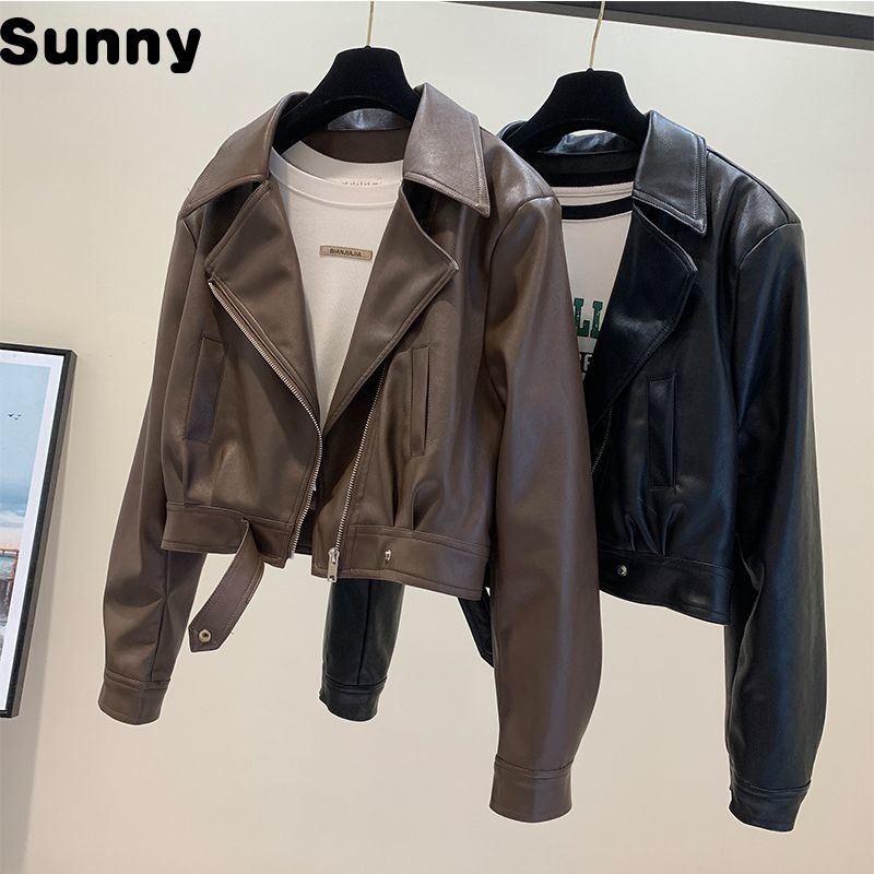 Sunny ✨European Goods Leather Coat Women2023Autumn New Elegant Lapel Small ShortPULeather Slimming All-Matching Jacket