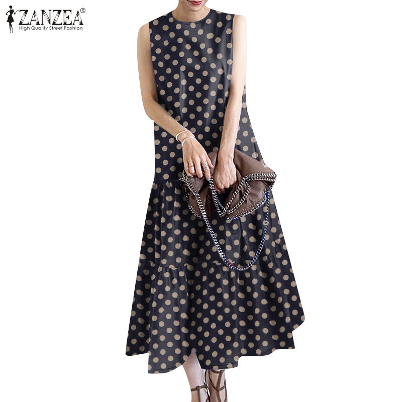 Zanzea ผู้หญิงแฟชั่น Dark Check Polka Dot พิมพ์ไม่มีกระเป๋าชุดเดรสแขนกุด – โปรปัง