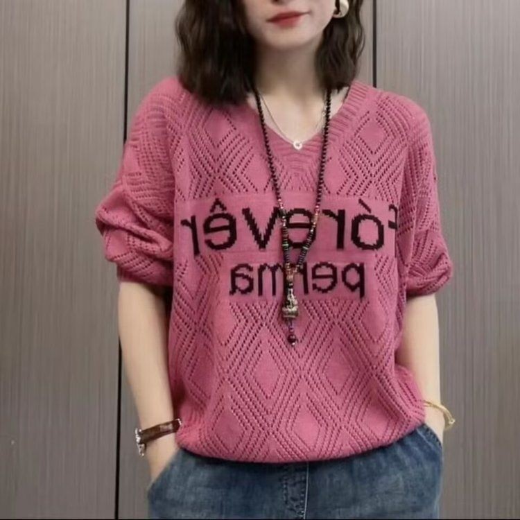 2024 สไตล์ใหม่เสื้อถักกลวงฤดูใบไม้ผลิฤดูใบไม้ร่วงสไตล์บางหลวมทุกการแข่งขันคอวีแขนยาวหลวม Slimmer ดู
