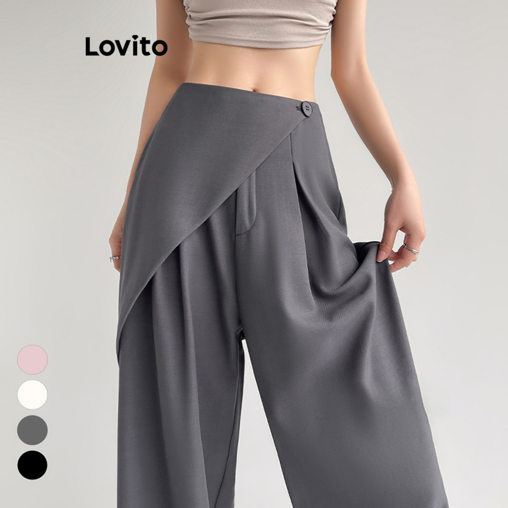 Lovito กางเกงขายาวผู้หญิง สีพื้น สไตล์ลำลอง LNM67030
