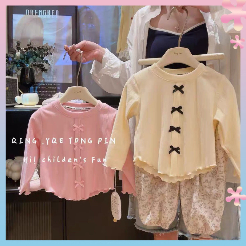 Girls' Long SleevesTT-shirt Spring and Autumn2024New All-Match Bow Sweet New Children's Trendy Bottoming Tops Tidet