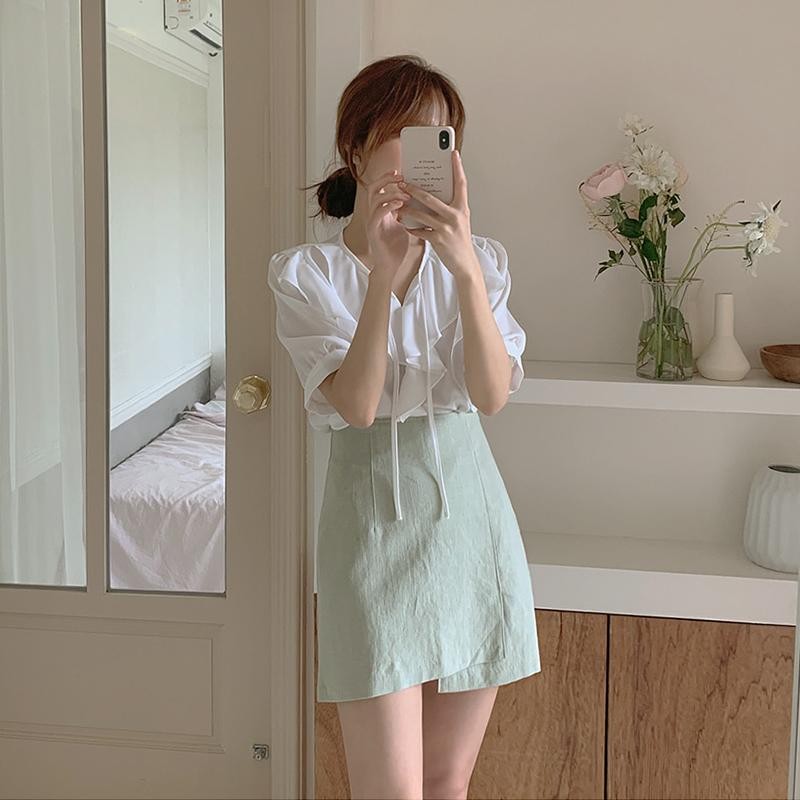 Lune_Graceกระโปรงเอวสูง กระโปรงสั้นสีเขียว ผ้าดีงานสวยใส่สบาย แฟชั่นเกาหลีสไตล์ออฟฟิศ-พร้อมส่ง-รุ่น6171