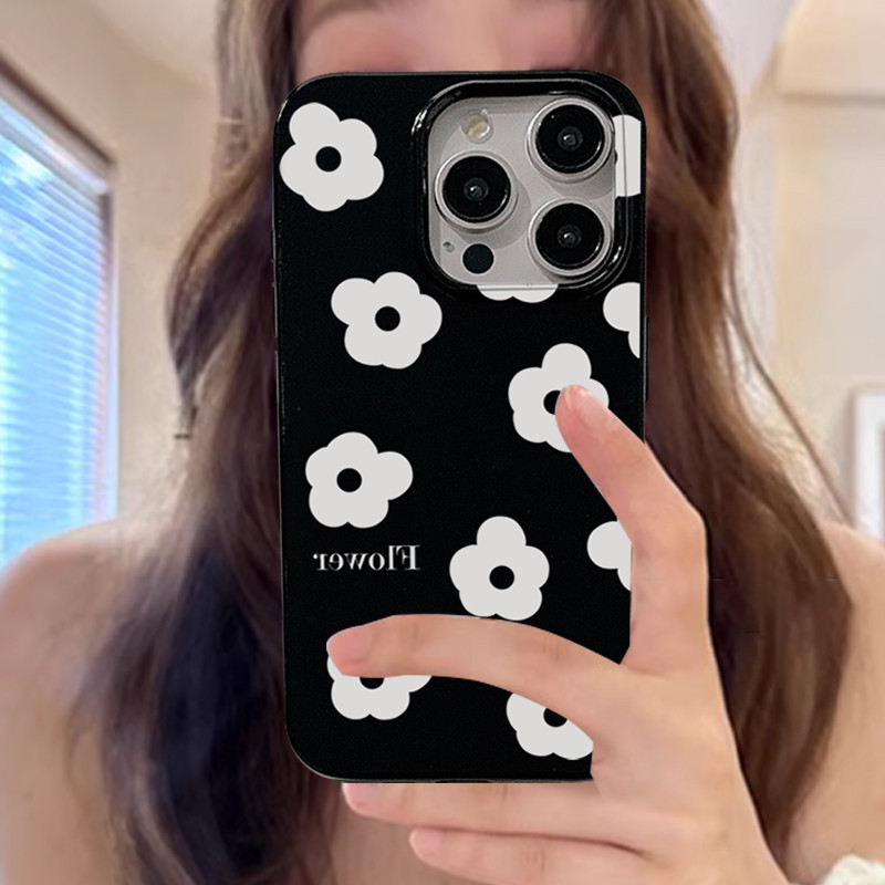 Ins ดอกไม้สีขาวซิลิโคนอ่อนนุ่มสีดํากรณี Anti-Fall เคสโทรศัพท์สําหรับ iPhone 16 Promax 15 Promax 12 13 Mini 14plus 11 Pro Max X XS XR XS Max 7 8 plus Se2020