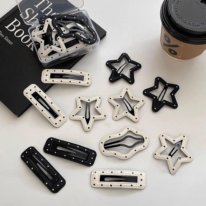 สีดําสีขาวลายจุดหนัง Star Hairpin สําหรับผู้หญิงสไตล์เกาหลีผมหักคลิปด้านข้าง bb คลิป Headwear