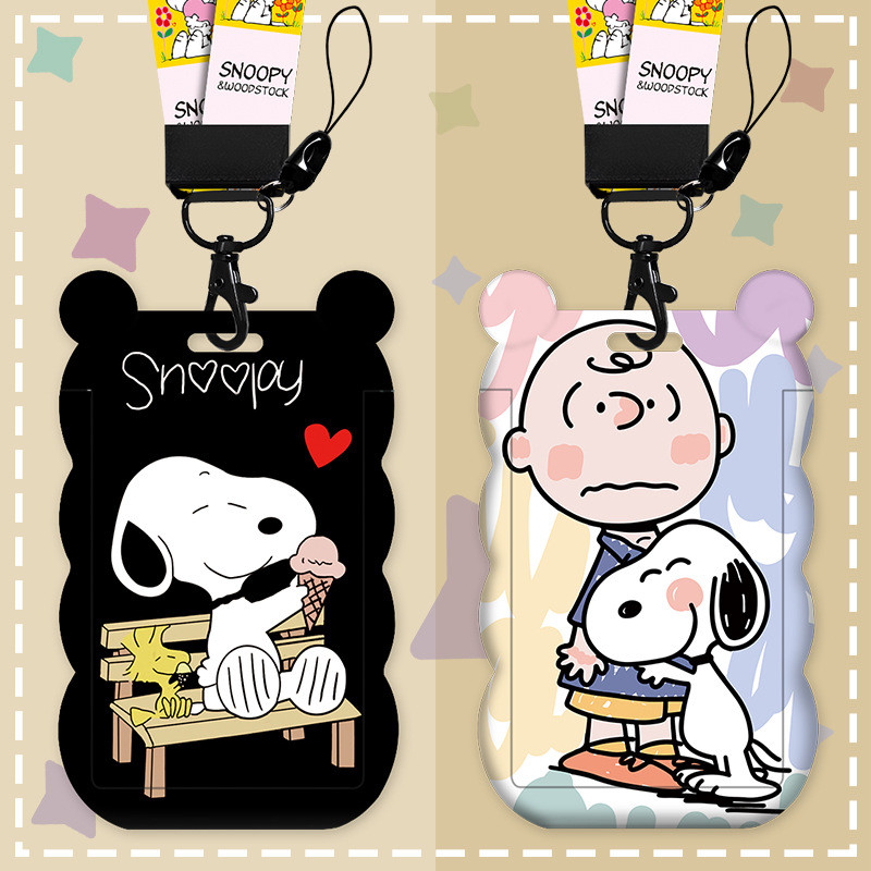การ์ตูนการ์ตูน Snoopy Wave Shape ฝาครอบเลื่อนผู้ถือบัตรพร้อมเชือกเส้นเล็กพวงกุญแจพลาสติก ABS Hard Sensor ID Holder พนักงาน ID Work Permit