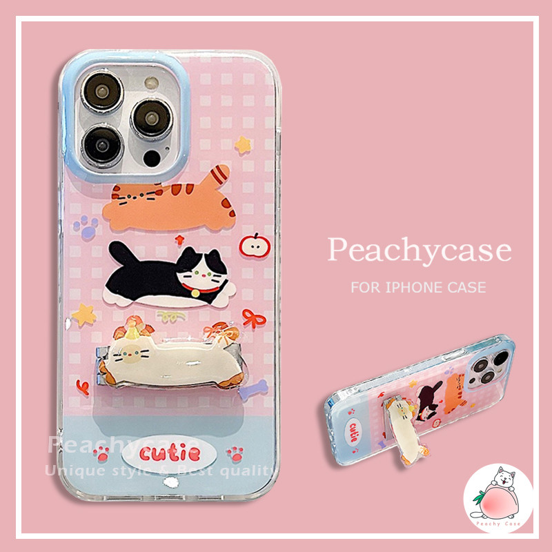 Kawaii สีชมพูลายสก๊อตแมว Kickstand เคสโทรศัพท์สําหรับ iPhone 16 15 14 13 12 Pro Max 11 15promax IMD ฝุ่นทนปกหลัง Hard Casing