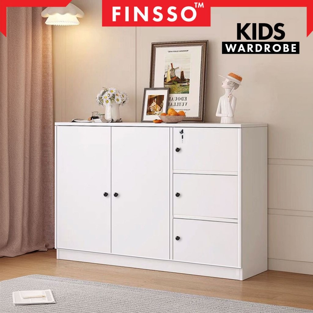 พร้อมส่ง!! Finsso: ตู้เสื้อผ้าเด็ก ตู้ไม้เก็บเสื้อผ้าเด็ก 5 บานประตู พร้อมราวแขวน Children Cabinet