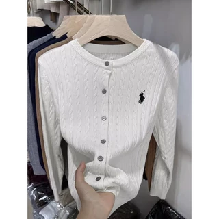 เสื้อคาร์ดิแกนถักลายปักลายม้าผู้หญิงฤดูใบไม้ร่วงและฤดูหนาวต้นฤดูใบไม้ผลิย้อนยุคคอกลมเสื้อสเวตเตอร์สีขาวสีแดง
