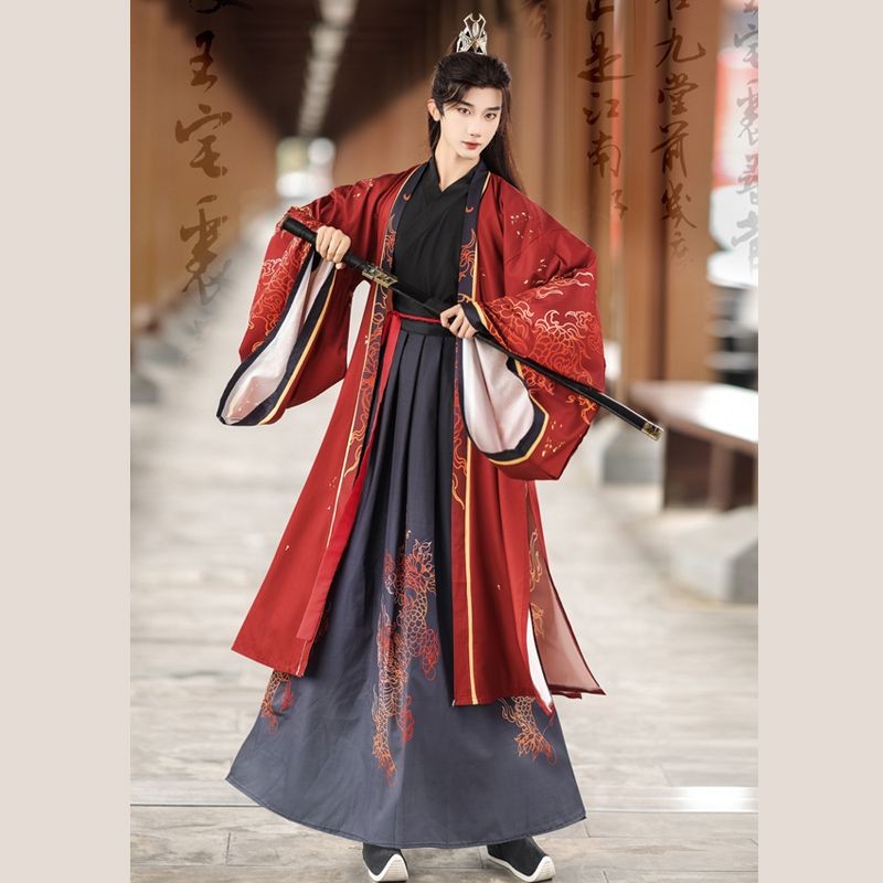 Moli Leo Original Hanfu ผู้ชายเทศกาลกลางฤดูใบไม้ร่วงโบราณ Big Sleeve พิมพ์ข้ามคอปกด้านบนกระโปรงยาวเอว Wei Jin สไตล์
