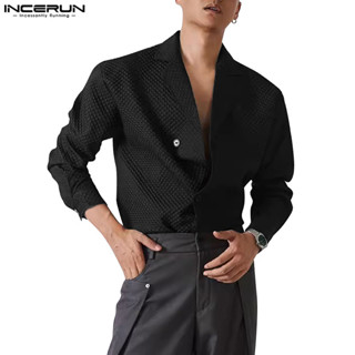 Incerun เสื้อเชิ้ตแขนยาวสีทึบวาฟเฟิลทุกวันสําหรับผู้ชาย