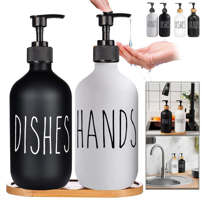 &new Hot& Hand And Dish Soap Dispenser Set 2 ชิ้น 500ML Lotion Bottles & Tray,Refillable Shampoo And Conditioner Bottles