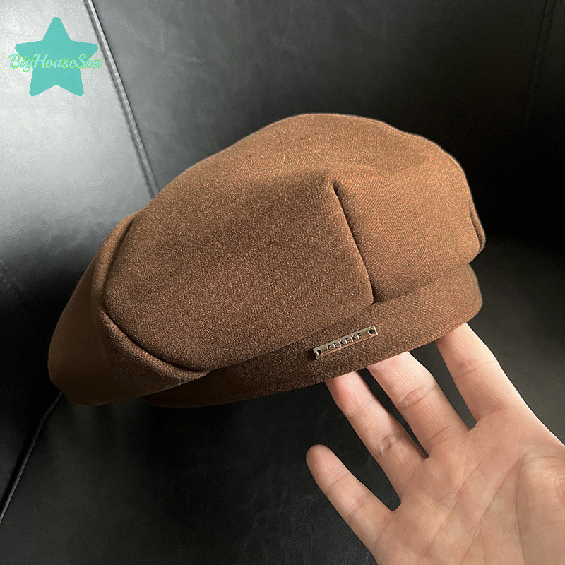 [BigHouseSea] แฟชั่นหัวเข็มขัดโลหะผู้หญิง Beret สาวเกาหลีแปดเหลี่ยมหมวกสีทึบ Retro จิตรกรศิลปินหมวกผ้าฝ้ายบางฤดูใบไม้ผลิ Berets หมวกใหม่