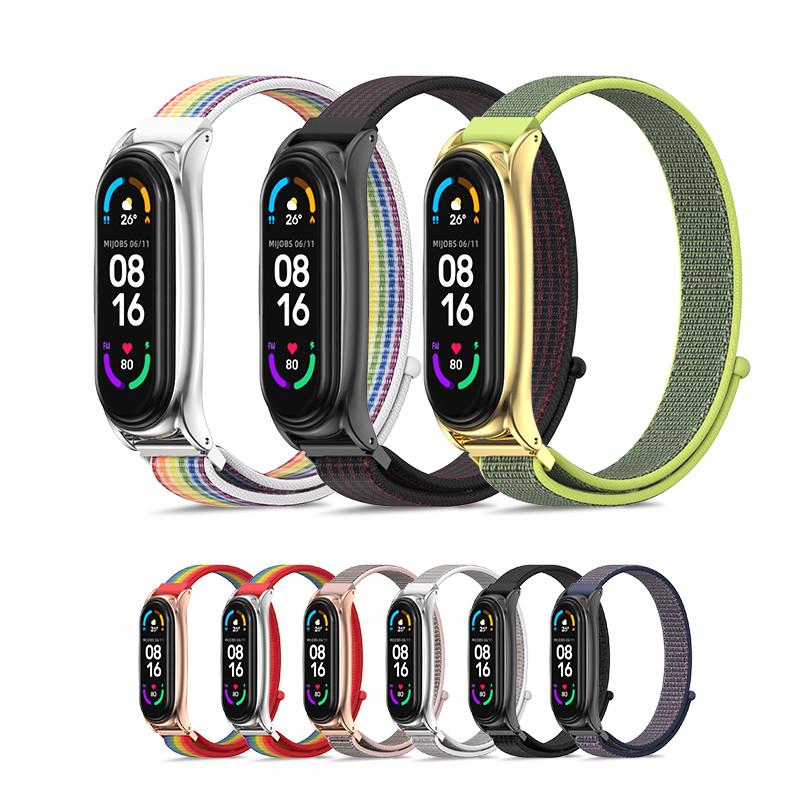 MIJOBS มิโจบส์ สายรัดไนลอนสําหรับ for Mi Band 10 9 8 7 6 5 สมาร์ทสร้อยข้อมือเปลี่ยนอุปกรณ์เสริมโลหะป้องกันกรณีไนล่อนห่วงสายรัดข้อมือสายนาฬิกาข้อมือสําหรับ เสี่ยวหมี่ for Miband 9