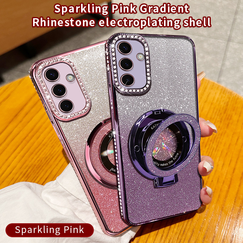 SAMSUNG สําหรับsamsung Galaxy S24 S23 Ultra Plus FE A55 A54 A53 A52 A15 A14 A13 4Gเคสโทรศัพท์,แฟลชผงGradient RhinestoneElectroplating Bracket Cover