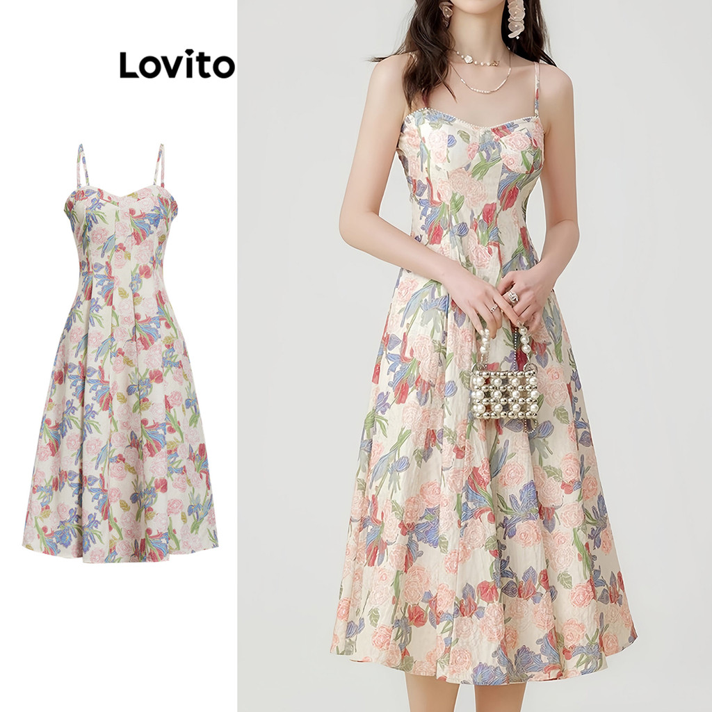 Lovito ชุดเดรสซิปลายดอกไม้สบาย ๆ สำหรับผู้หญิง L99ED680